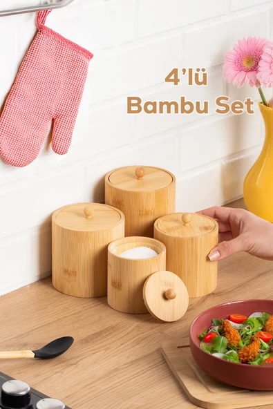 Porsima 4361 Bambu Çok Amaçlı Saklama Kabı Organizer 4lü Baharat Seti ürün görseli 1