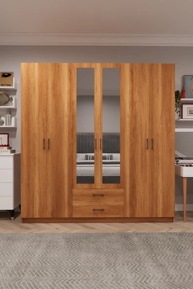 Lüks 6 Kapaklı Çekmeceli Gardırop %100 MDF Askılı Aynalı Düzenleyici Elbise Dolabı G-05  PETRA ürün görseli 1