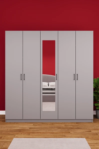 Lüks 5 Kapaklı Çekmeceli Gardırop %100 MDF Askılı Aynalı Düzenleyici Elbise Dolabı G-04  KÜL GRİ ürün görseli 1