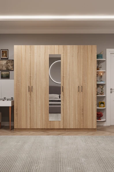 Lüks 5 Kapaklı Çekmeceli Gardırop %100 MDF Askılı Aynalı Düzenleyici Elbise Dolabı G-04  SONOMA ürün görseli 1