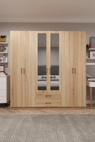 Lüks 6 Kapaklı Çekmeceli Gardırop %100 MDF Askılı Aynalı Düzenleyici Elbise Dolabı G-05  SONOMA ürün görseli 1