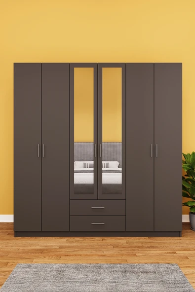 Lüks 6 Kapaklı Çekmeceli Gardırop %100 MDF Askılı Aynalı Düzenleyici Elbise Dolabı G-05  ANTRASİT ürün görseli 1
