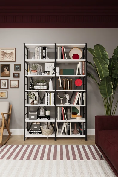 Modern 12 Raflı Metal Kitaplık Üçlü Ayrılabilir Modül Dekoratif Çok Amaçlı Kitaplık METALK02  Beyaz ürün görseli 1