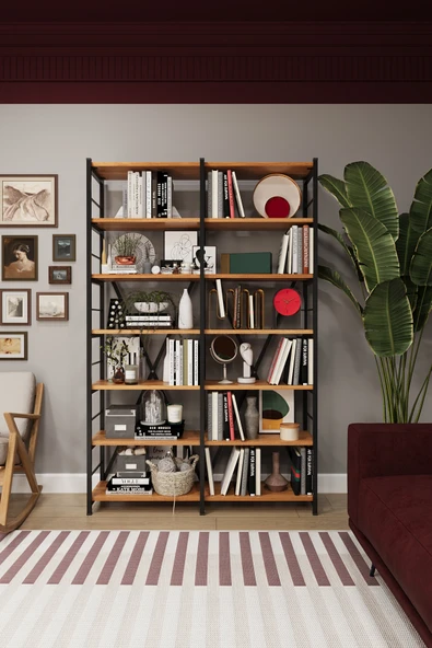 Modern 12 Raflı Metal Kitaplık Üçlü Ayrılabilir Modül Dekoratif Çok Amaçlı Kitaplık METALK02  Petra ürün görseli 1