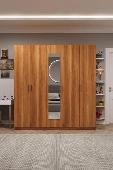 Lüks 5 Kapaklı Çekmeceli Gardırop %100 MDF Askılı Aynalı Düzenleyici Elbise Dolabı G-04  PETRA ürün görseli 1