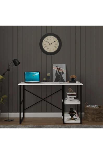 Modern Raflı Ders Çalışma Masası %100 MDF Bilgisayar Masası METALÇM01  Beyaz ürün görseli 1