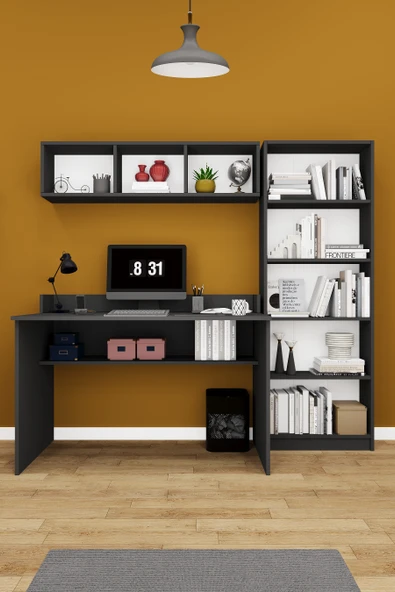 Modern Çalışma Masası Seti %100 MDF Bilgisayar Ders Ofis Masası Kitaplık ÇMT001  antrasit ürün görseli 1