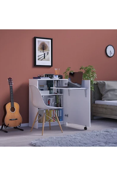 Lüks Kapaklı Çalışma Masası Kitaplık %100 MDF Bilgisayar Ders Çalışma Masası MD002  Beyaz ürün görseli 1