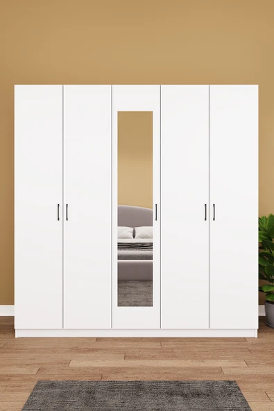 Lüks 5 Kapaklı Çekmeceli Gardırop %100 MDF Askılı Aynalı Düzenleyici Elbise Dolabı G-04  BEYAZ ürün görseli 1