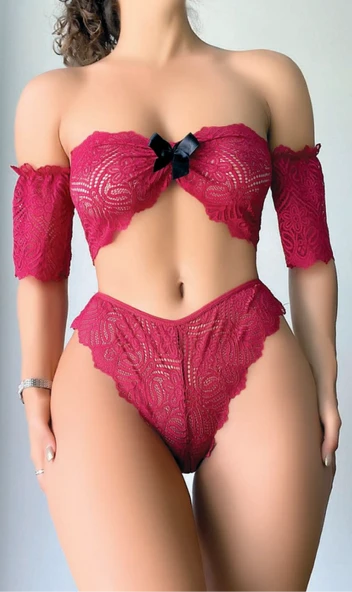 Arias Closet Fiyonk Detaylı Kırmızı Dantel Sütyen Külot Takım ürün görseli 1