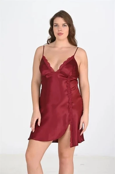Arias Closet Premium Büyük Beden Saten Dantel İşlemeli Bordo 2li Gecelik Sabahlık Takımı Bigsize ürün görseli 1
