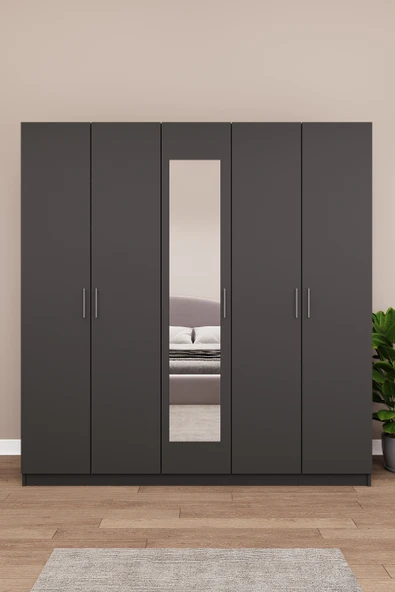Lüks 5 Kapaklı Çekmeceli Gardırop %100 MDF Askılı Aynalı Düzenleyici Elbise Dolabı G-04  ANTRASİT ürün görseli 1