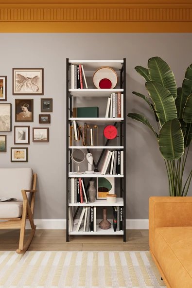 Modern 6 Raflı Metal Kitaplık Üçlü Ayrılabilir Modül Dekoratif Çok Amaçlı Kitaplık METALK01   Beyaz ürün görseli 1