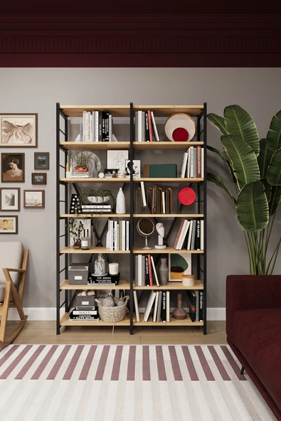 Modern 12 Raflı Metal Kitaplık Üçlü Ayrılabilir Modül Dekoratif Çok Amaçlı Kitaplık METALK02  Safir Meşe ürün görseli 1