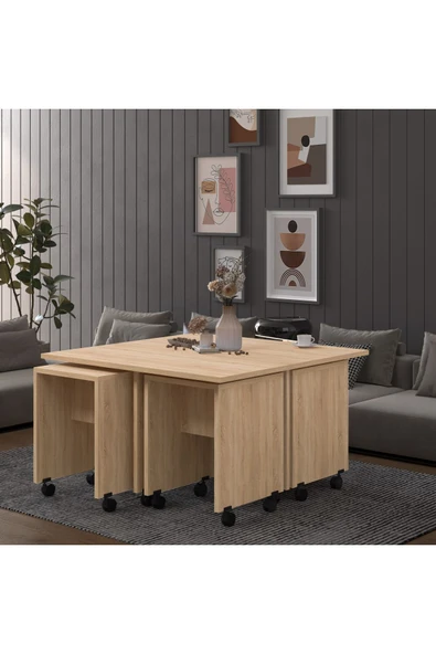 Lüks İçe Geçmeli Tekerlekli Orta Sehpa %100 MDF Yemek Çalışma Masası OS003  Safir Meşe ürün görseli 1
