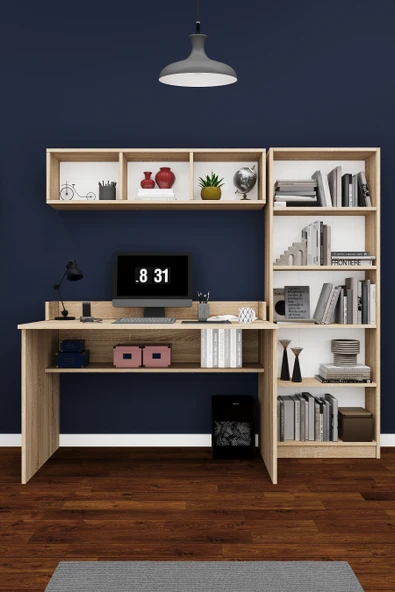Modern Çalışma Masası Seti %100 MDF Bilgisayar Ders Ofis Masası Kitaplık ÇMT001  sonoma ürün görseli 1