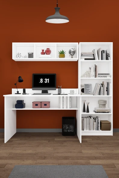 Modern Çalışma Masası Seti %100 MDF Bilgisayar Ders Ofis Masası Kitaplık ÇMT001  beyaz ürün görseli 1