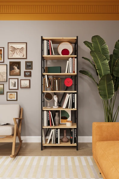 Modern 6 Raflı Metal Kitaplık Üçlü Ayrılabilir Modül Dekoratif Çok Amaçlı Kitaplık METALK01   Safir Meşe ürün görseli 1