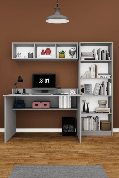 Modern Çalışma Masası Seti %100 MDF Bilgisayar Ders Ofis Masası Kitaplık ÇMT001  kül gri ürün görseli 1
