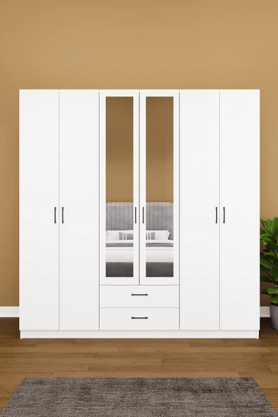Lüks 6 Kapaklı Çekmeceli Gardırop %100 MDF Askılı Aynalı Düzenleyici Elbise Dolabı G-05  BEYAZ ürün görseli 1
