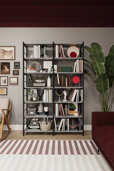Modern 12 Raflı Metal Kitaplık Üçlü Ayrılabilir Modül Dekoratif Çok Amaçlı Kitaplık METALK02  Kül Gri ürün görseli 1