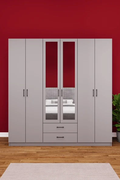 Lüks 6 Kapaklı Çekmeceli Gardırop %100 MDF Askılı Aynalı Düzenleyici Elbise Dolabı G-05  KÜL GRİ ürün görseli 1