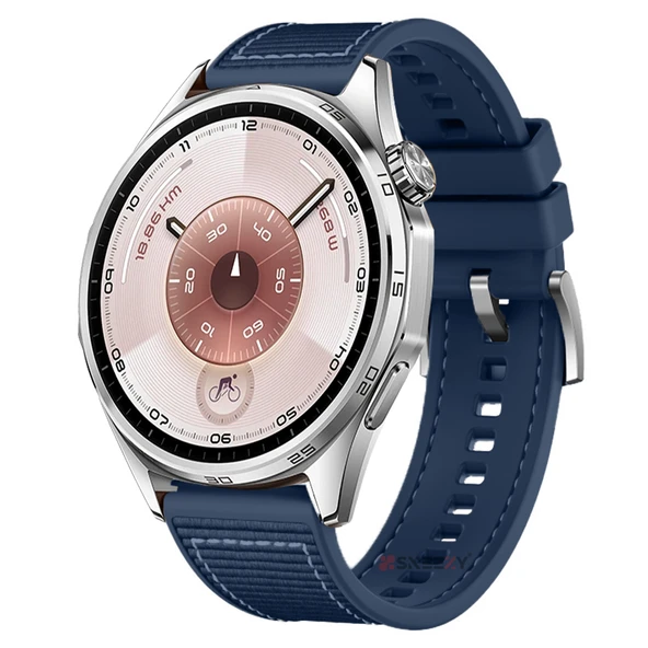 Sneezy Huawei Watch GT6 46mm İle Uyumlu Metal Tokalı Dikiş Desenli Dokuma Silikon Kordon  Lacivert ürün görseli 1