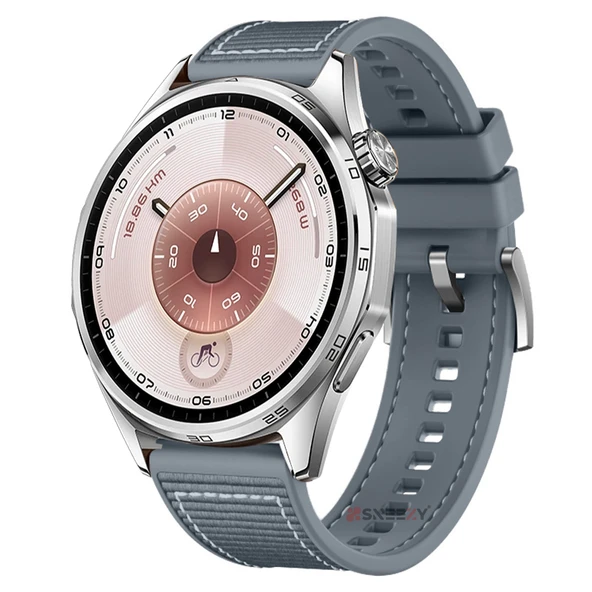 Sneezy Huawei Watch GT6 46mm İle Uyumlu Metal Tokalı Dikiş Desenli Dokuma Silikon Kordon  Gri ürün görseli 1