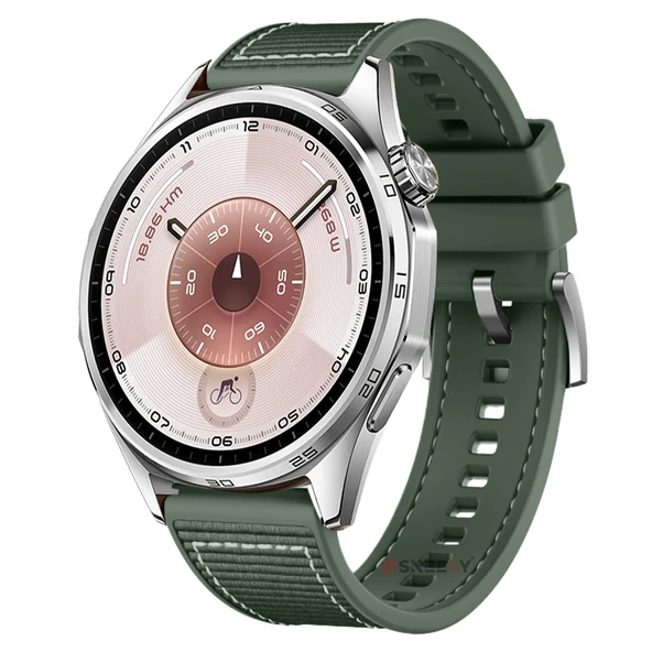 Sneezy Huawei Watch GT6 46mm İle Uyumlu Metal Tokalı Dikiş Desenli Dokuma Silikon Kordon  Haki ürün görseli 1