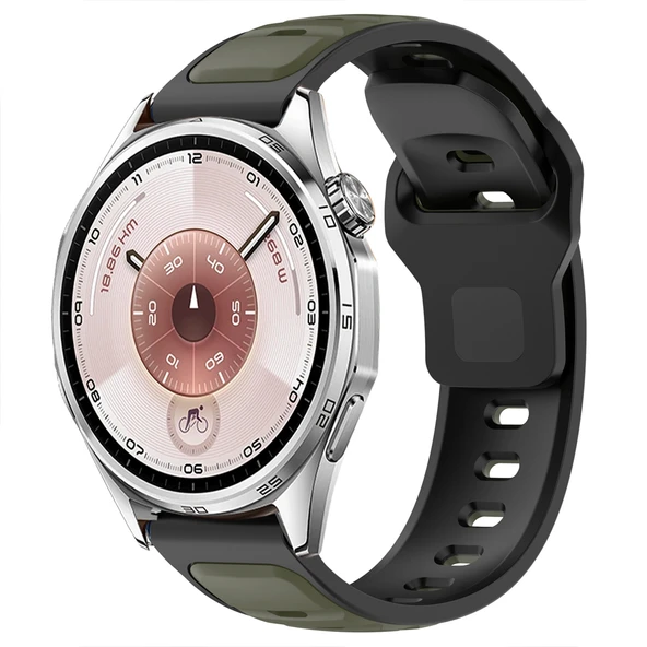 Huawei Watch GT6 46mm İle Uyumlu Çift Renkli Spor Silikon Kordon Nefes Alabilir Konforlu  Haki ürün görseli 1