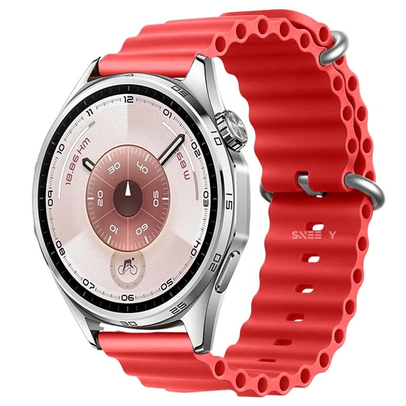 Huawei Watch GT6 46mm İle Uyumlu Dalga Desenli Tokalı Yumuşak Ocean Soft Silikon Kordon  Kırmızı ürün görseli 1