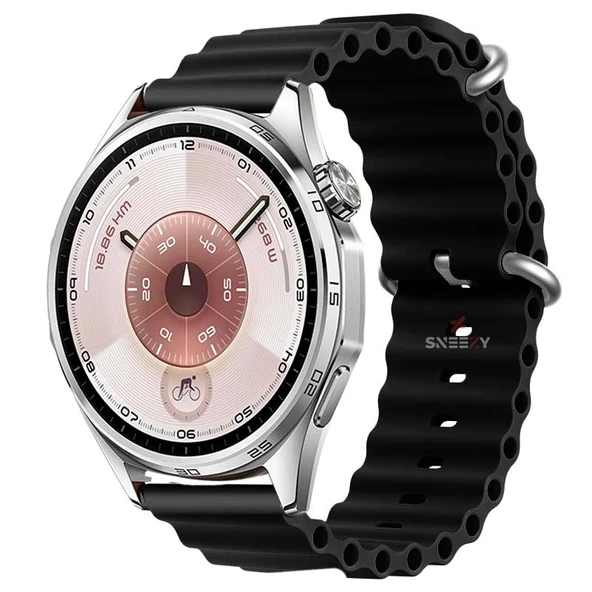 Huawei Watch GT6 46mm İle Uyumlu Dalga Desenli Tokalı Yumuşak Ocean Soft Silikon Kordon  Siyah ürün görseli 1