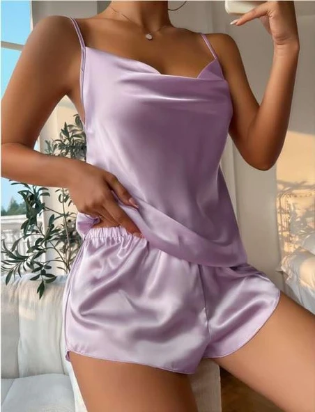 Arias Closet Lila İnce Askılı Saten Şortlu Takım ürün görseli 1