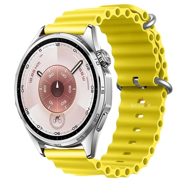 Huawei Watch GT6 46mm İle Uyumlu Dalga Desenli Tokalı Yumuşak Ocean Soft Silikon Kordon  Sarı ürün görseli 1
