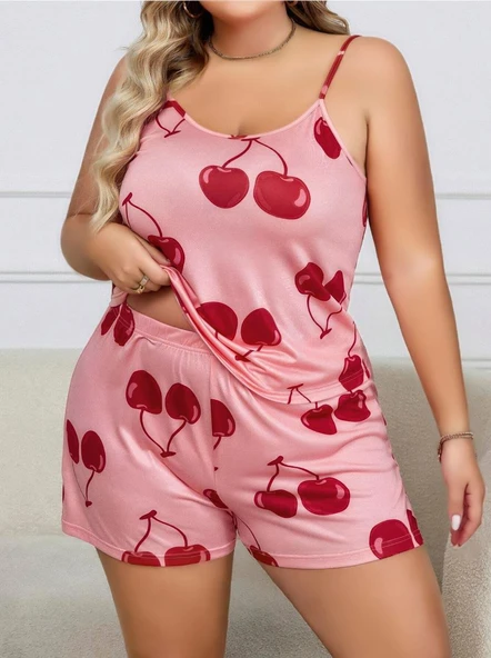 Arias Closet Büyük Beden Pembe Kiraz Desen İnce Askılı Pamuklu Şortlu Pijama Takımı ürün görseli 1