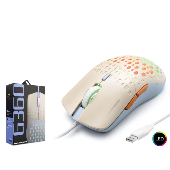 Hadron G360 3600dpi Led Aydınlatmalı 1.50mt USB Kablolu Oyuncu Mouse - Beyaz ürün görseli 1