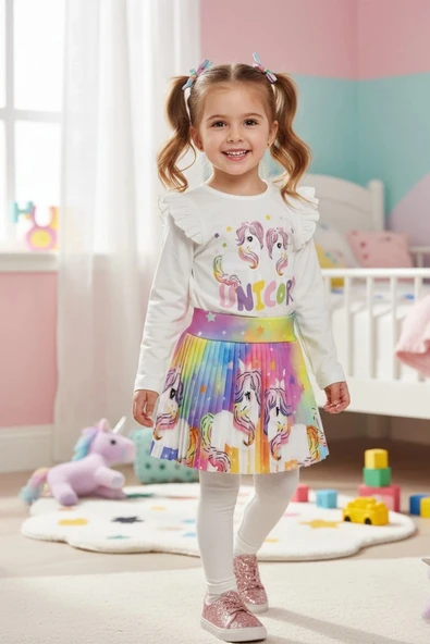 Unicorn Desenli Renkli Kız Çocuk Etekli Takım ürün görseli 1