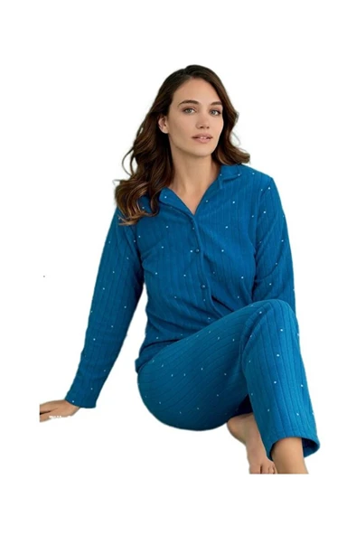 Aurora Polar Kumaş Kışlık Düğmeli Kadın Pijama Takımı Sıcak Yumuşak Dokulu Tam Kalıp S/XXL ürün görseli 1