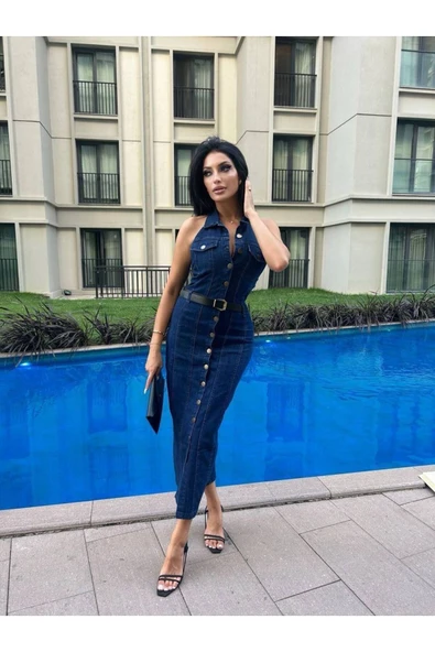 Kemerli Kot Elbise Denim Likralı Sırt Dırapeli ürün görseli 1