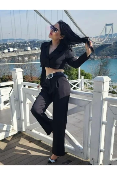 Siyah Crop Ceket Pantolon Takımı - Resim 3