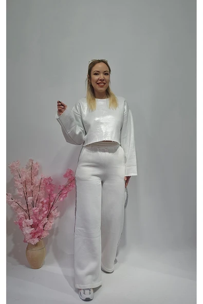 Yeni Sezon Beyaz Varaklı Crop Sweatshirt - Pantolon Eşofman Alt Üst Takım ürün görseli 1