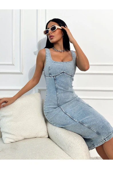 Yırtmaçlı Sırt Fermuarlı Midi Mavi Denim Elbise Kot Elbise Denim Dress ürün görseli 1
