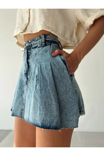 Kadın Mavi Renk Şort Etek Denim Etek Mini Etek Kot Etek ürün görseli 1