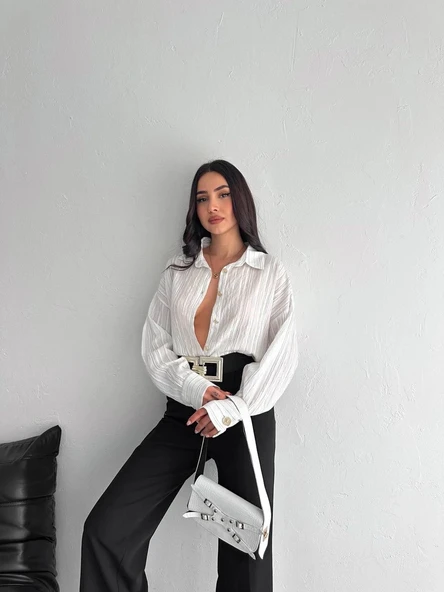 Çizgili oversize gömlek - Resim 4