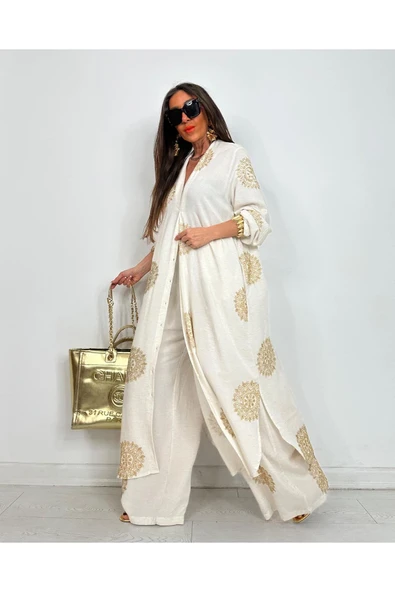 Glow Nakışlı Kimono Takın Uzun Maxi Boy Gömlek Pantolonlu Takım ürün görseli 1