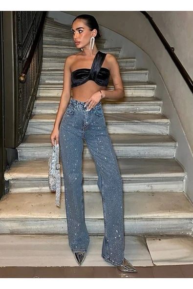Tasarım Pinterst Model Kot Pantolon Jeans İthal Kumaş Kalite Palazzo Pantolon ürün görseli 1