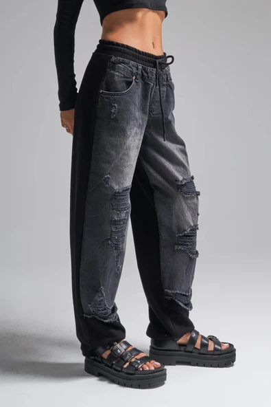 Kadın Tint Haki Lazer Detaylı Skater Jogger Fit Denim Jogger Kot Pantolon Baggy Model ürün görseli 1