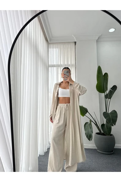 Kimono Takın Uzun Maxi Boy Gömlek Pantolonlu Takım ürün görseli 1