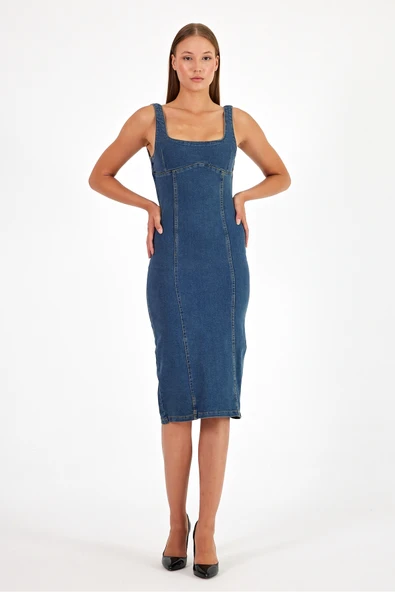 Arkadan Yırtmaçlı Fermuarlı Kalın Asklı Kot Elbise Denim Elbise ürün görseli 1