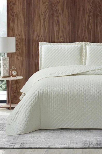 Parma Çift Kişilik Lüks Kadife 240x260 cm Yatak Örtüsü Krem ürün görseli 1